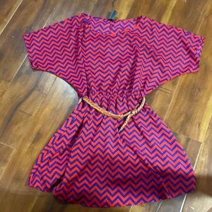 Blue and red chevron dress with braided belt
